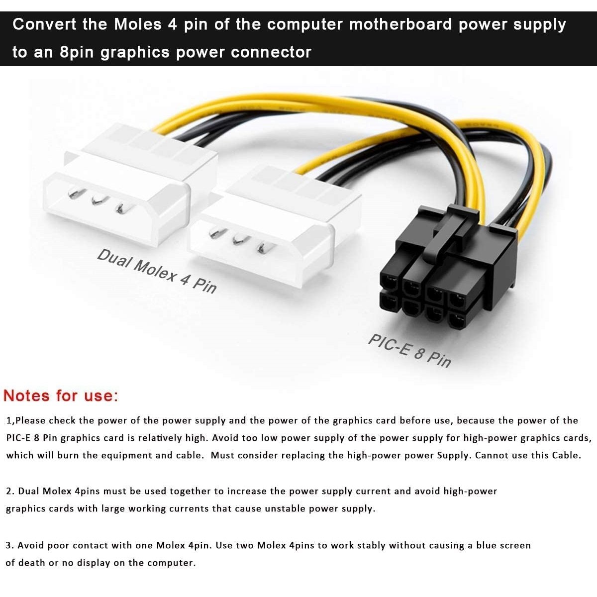 Paruht 8 Pin PCI Express to Dual 4 Pin LP4 Molex Y Power Cable - Image 5